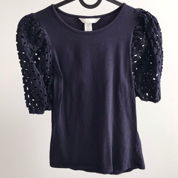 H&M Navy Eyelet Puff Sleeve Top - Picture 1 of 5